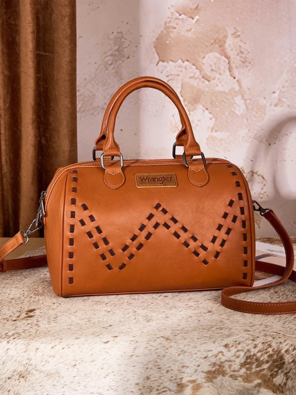 Wrangler Cognac Laser-Cut Dome Satchel with Detachable Strap